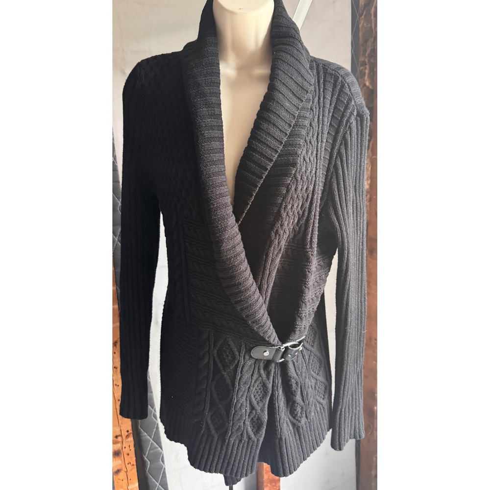 Lauren Ralph Lauren Black Cable Knit Shawl Collar Buckle Cardigan Sweater WomenM